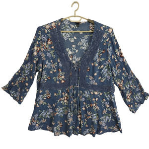 Torrid Vintage Indigo Blouse Women Sz 3 Gauze Floral Lace Up Babydoll 3/4 Sleeve